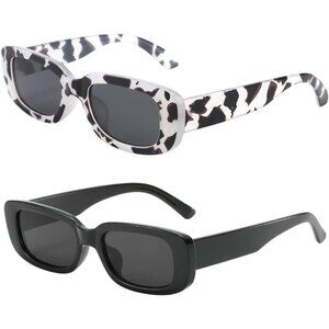 Trendy Rectangle CowPrint Black Sunglasses Women Men Retro Square Fashion Shades